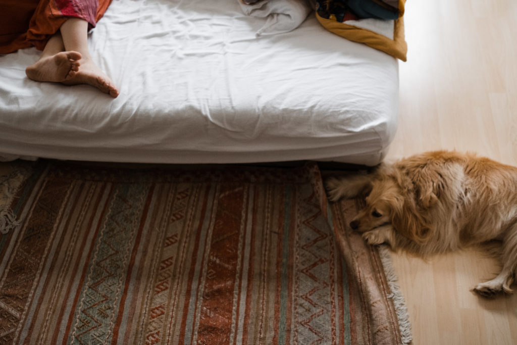 auf einem Bett im Schlazimer sitzt eine Frau, sie ist Barfuß, vor dem Bett liegt ein großer, gewebter Teppich, halb auf dem Teppich liegt ein Hund