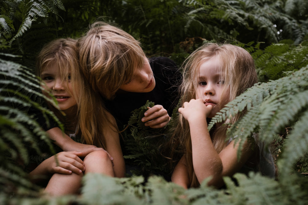 inmitten des Fahn im Wald sitzen 2 Mädchen mit ihren Bruder