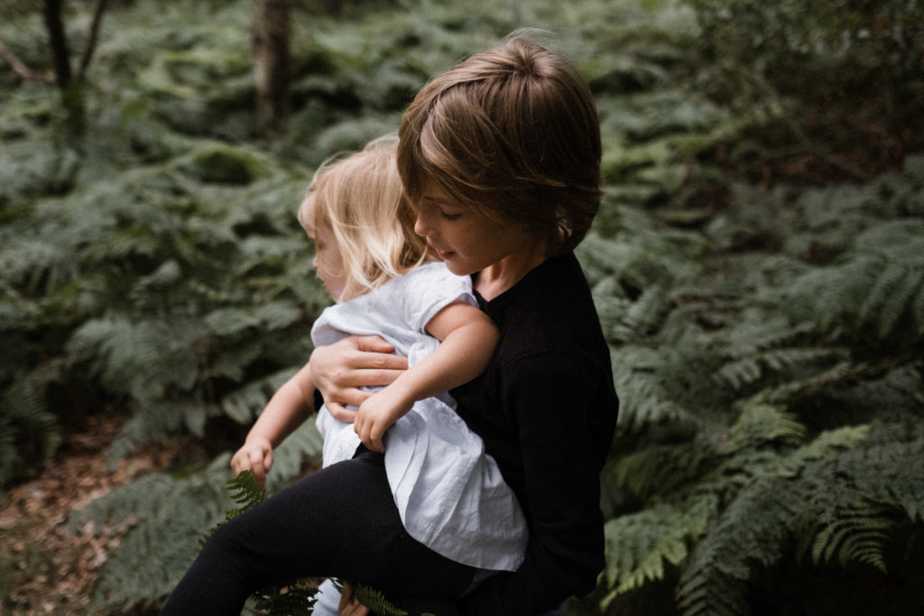ein Junge trägt seine kleine Schwester, sie sind umgben von großem Fahn in einem Wald