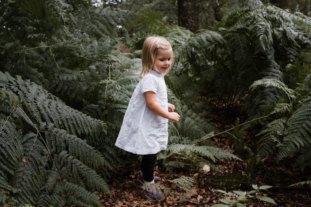 ein kleines Mädchen steht im Wald inmitten Fahn