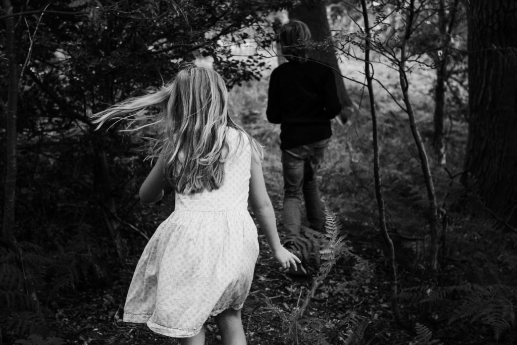 ein Mädchen und ein Junge ( sie sind Geschwister) streifen durch einen Wald , um sie herum ist großer Fahn