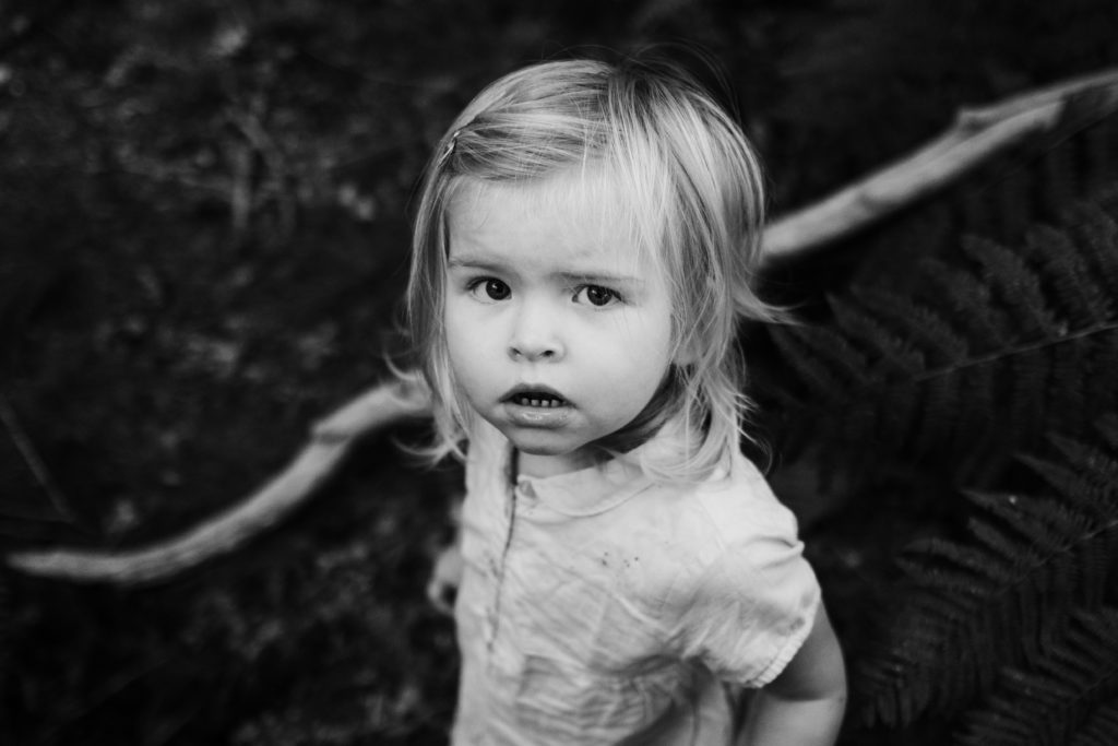 ein Mädchen schaut direkt in die Kamera, hinter ihr ist der Waldboden zu sehen, welcher mit großem Fahn bewachsen ist