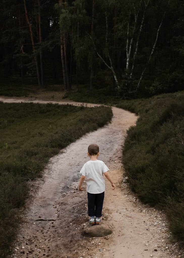 Familienfotografie Sulingen. Kleiner Junge geht einen Feldweg entlang